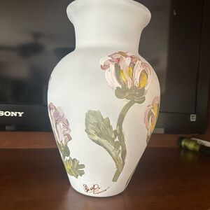 Hand-Painted Frosted White Floral Vase with Pink and Green Accents